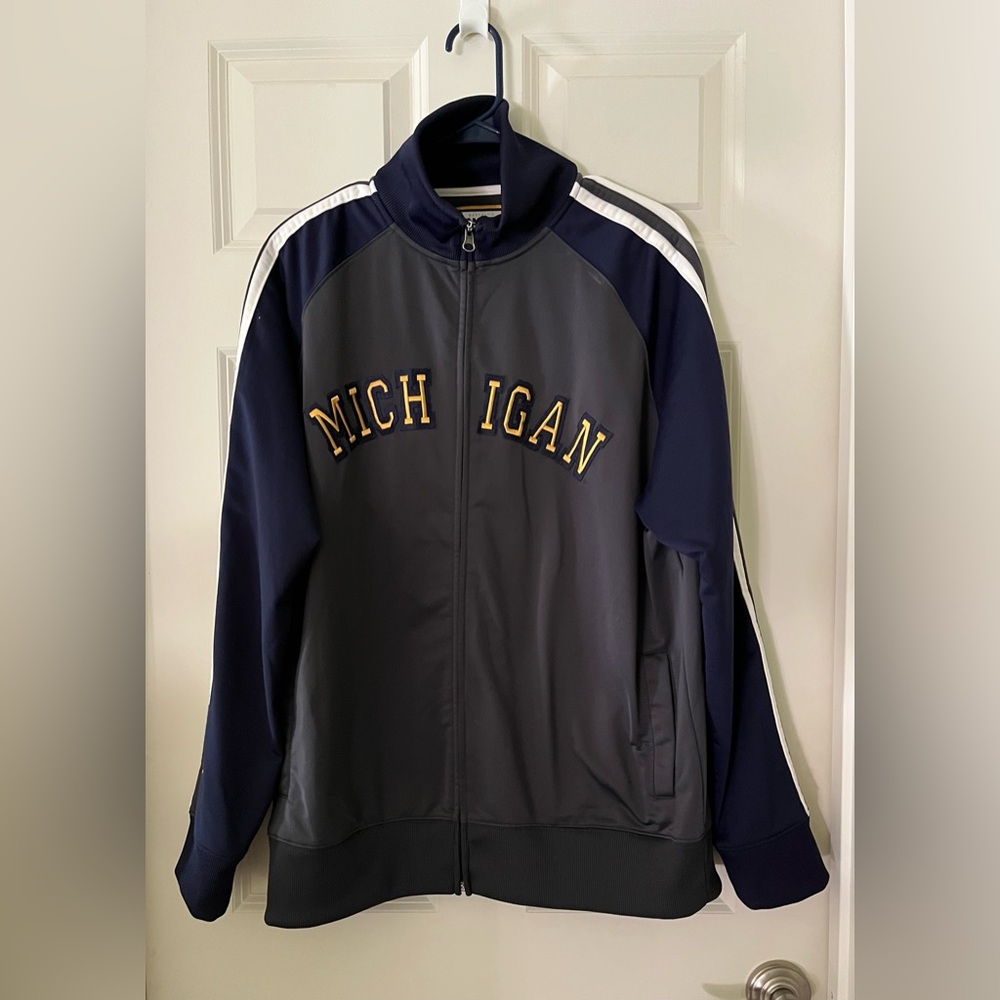 Men’s J.America Full zip Michigan track jacket coat navy gray white gold size XL
